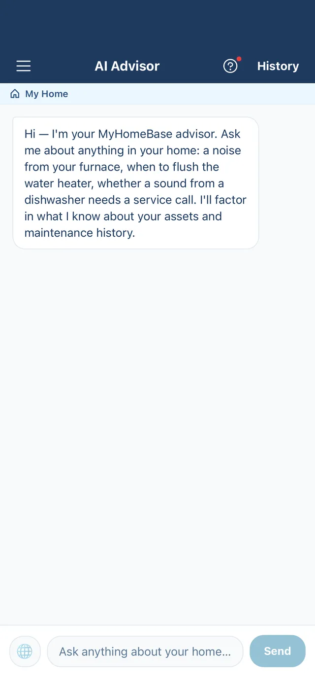 AI Advisor chat screen ready to answer a question about the home