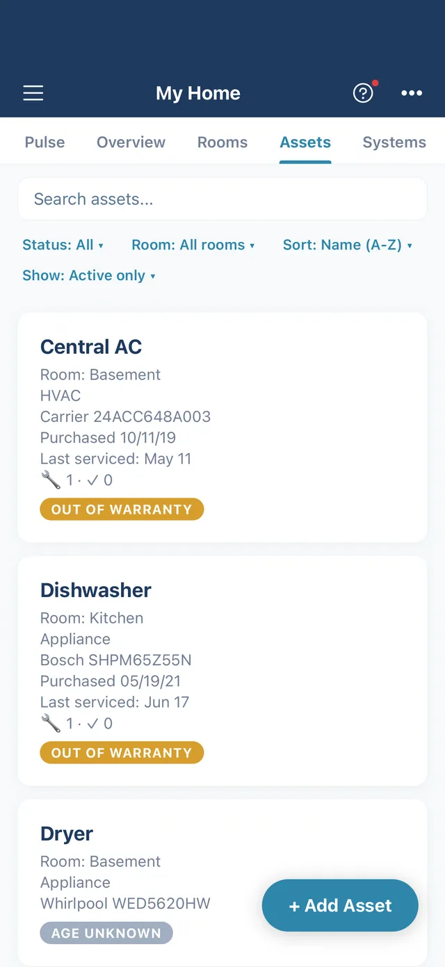 Assets list for a property showing appliances with warranty badges