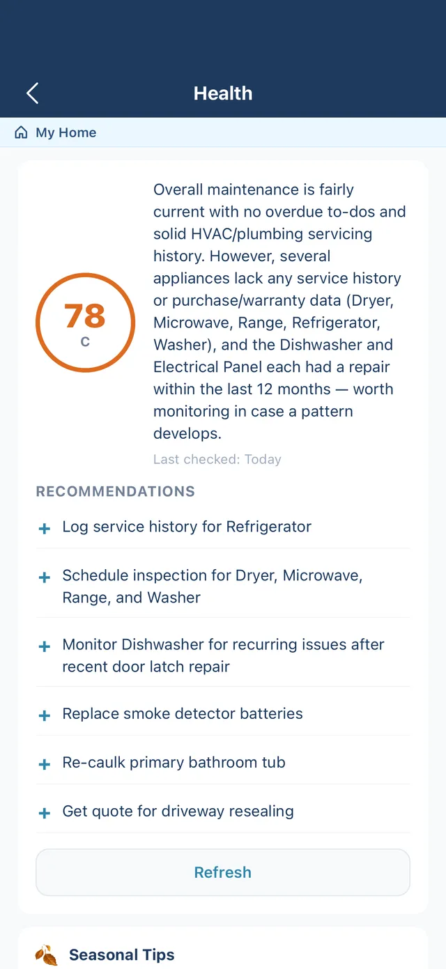 Home Health Score screen showing a grade and AI recommendations