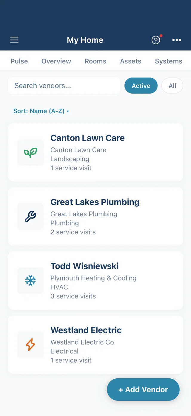 Vendors list showing trusted contractors with specialty icons